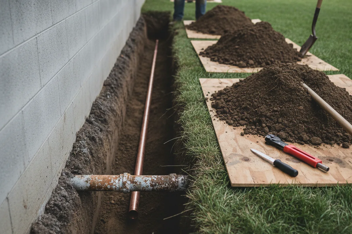 Excavated water line trench during Water Softener Installation in Cool